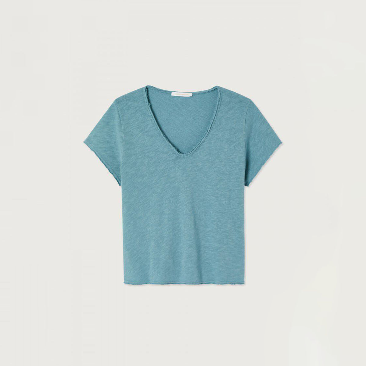 A short-sleeve V-neck t-shirt in a heathered teal blue, laid flat against a light off-white background.