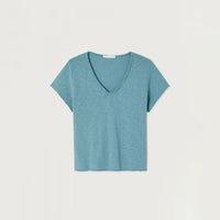 A short-sleeve V-neck t-shirt in a heathered teal blue, laid flat against a light off-white background.