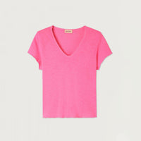 A bright pink short-sleeve V-neck t-shirt with a raw, frayed hem, displayed flat against a light off-white background.
