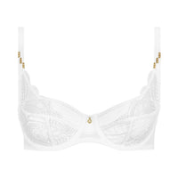White lace underwire bra with gold-tone decorative accents on the straps and center front, shown against a plain white background.