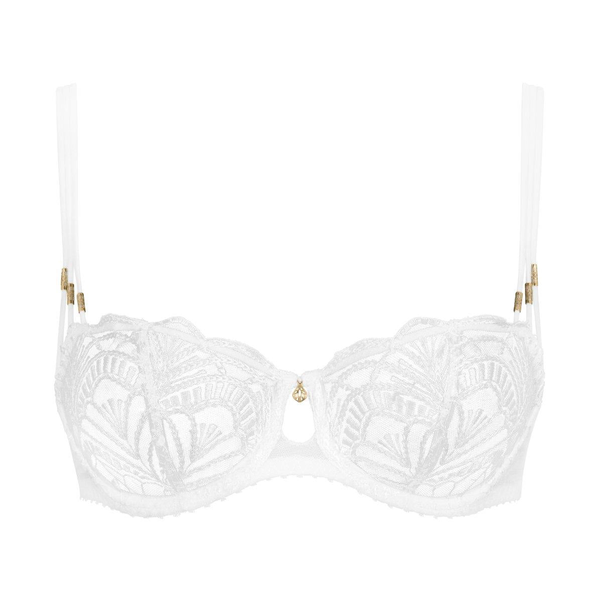 White lace underwire bra with gold-tone decorative accents on the straps and center, shown against a plain white background.