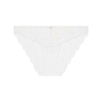 White lace panties with a delicate floral lace pattern and scalloped edges, shown flat against a solid white background.