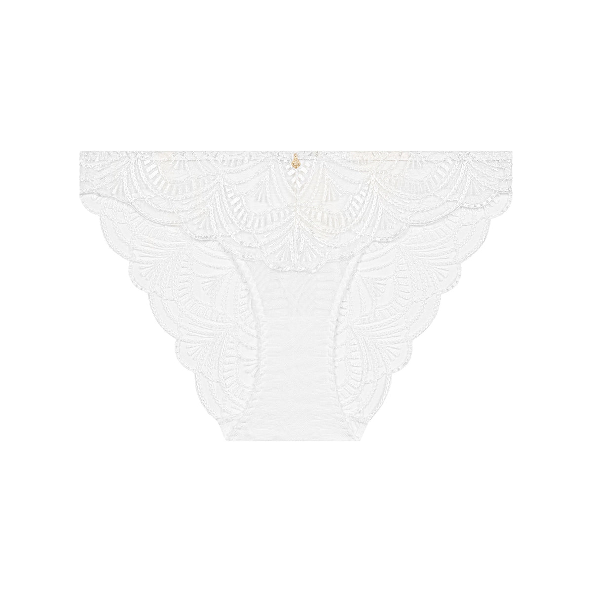 White lace panties with a delicate floral lace pattern and scalloped edges, shown flat against a solid white background.