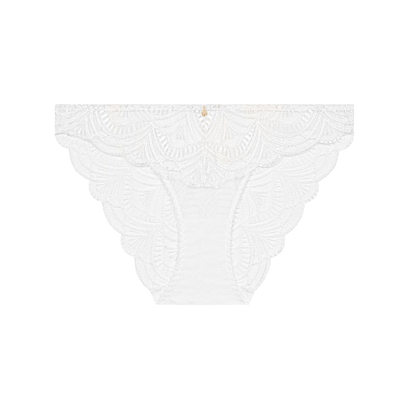 White lace panties with a delicate floral lace pattern and scalloped edges, shown flat against a solid white background.