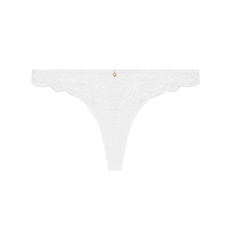 White lace thong underwear with a scalloped edge and a small gold button at the center front, shown flat against a solid white background.