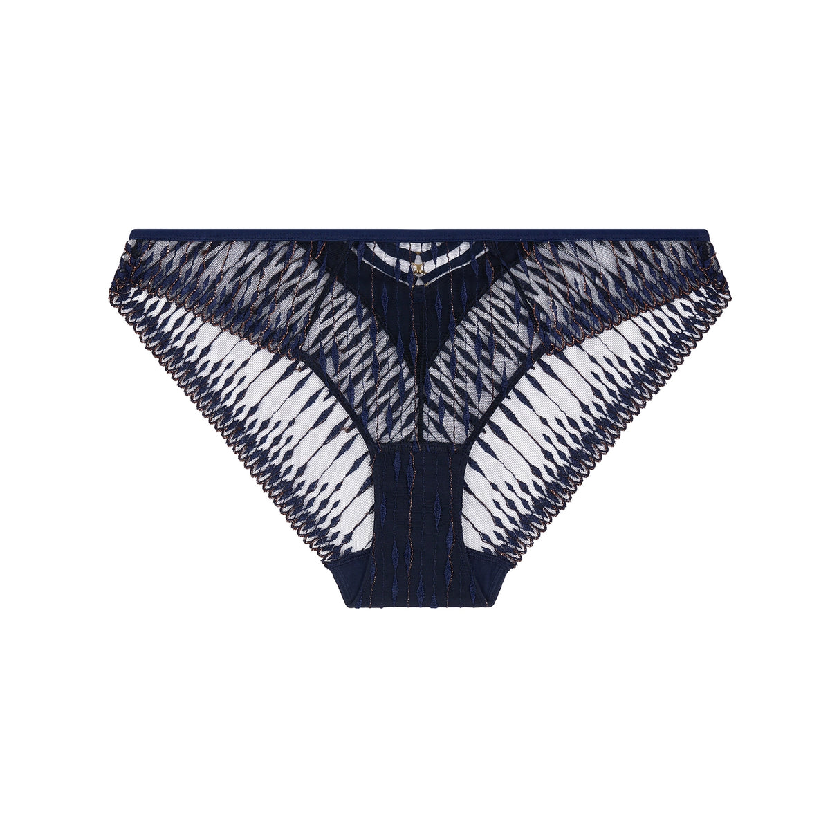 Cut out of a navy blue brief with gold-tone detail and sheer patterned mesh, photographed against a plain light beige studio background.