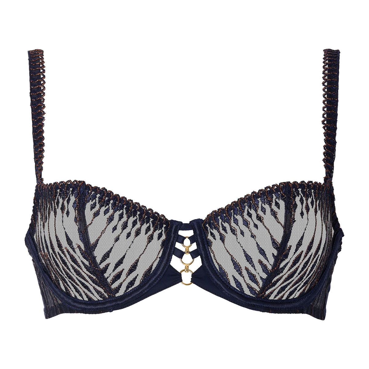 A navy blue lace bra with gold metallic trim and a central gold chain-and-rings closure, shown against a plain white background.