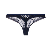Navy blue lace thong underwear with a geometric pattern and scalloped edges, displayed flat against a solid white background.