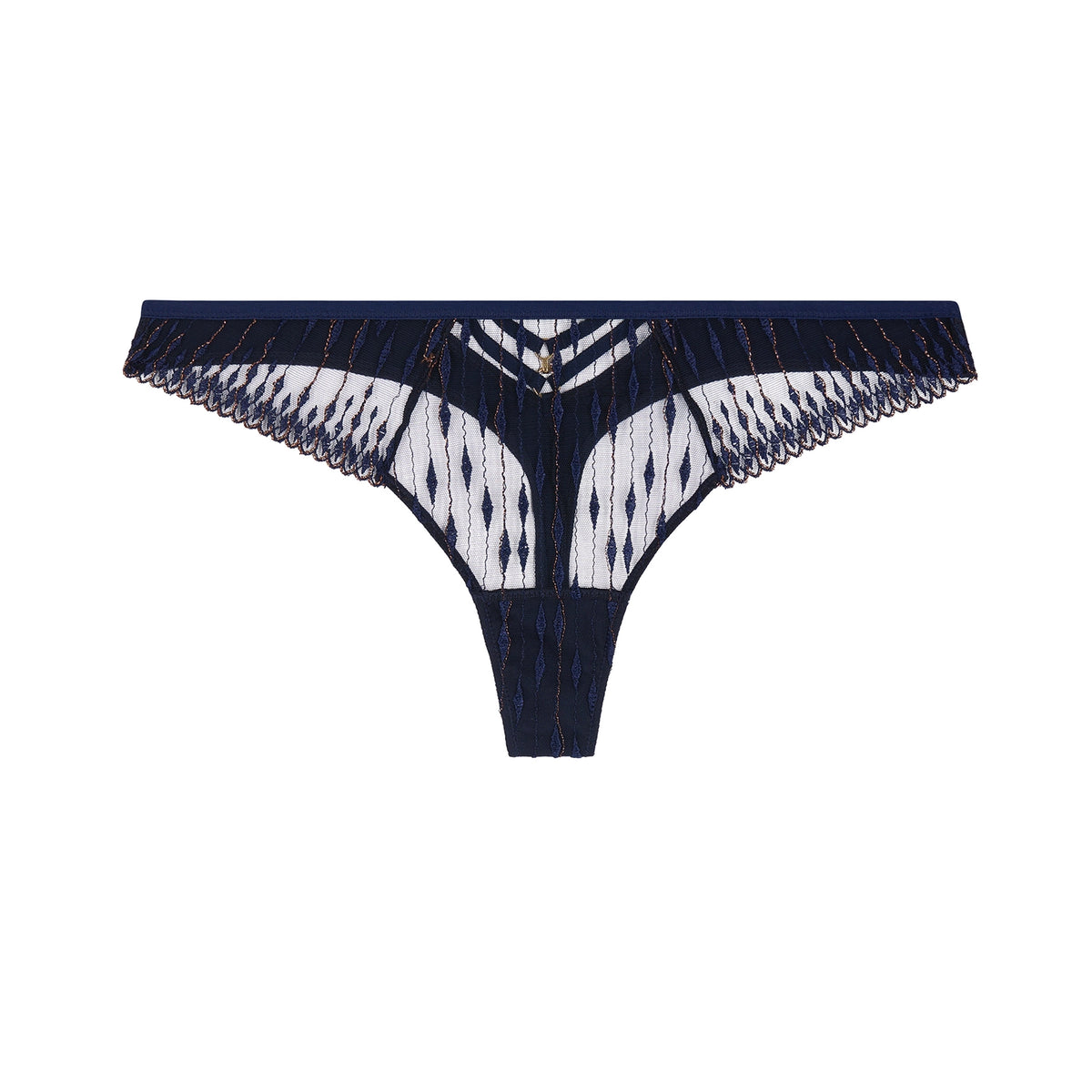 Navy blue lace thong underwear with a geometric pattern and scalloped edges, displayed flat against a solid white background.
