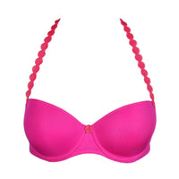 pink bra with red braided straps on a white background