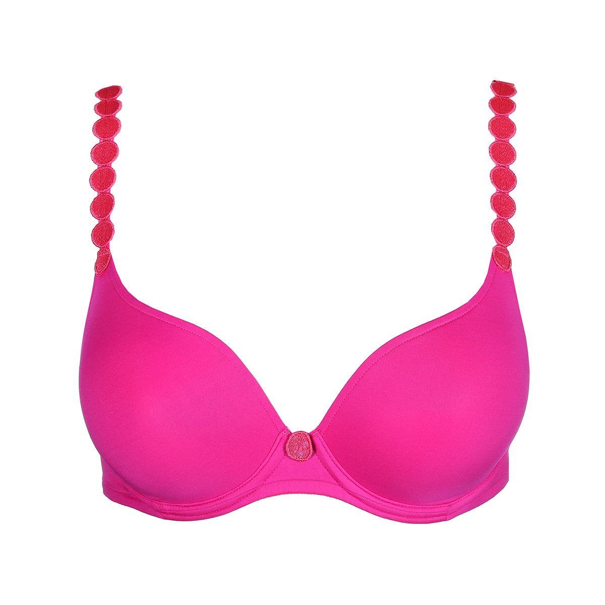 pink bra with red beaded straps on a white background