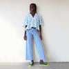 dr bloom blue wide leg trousers