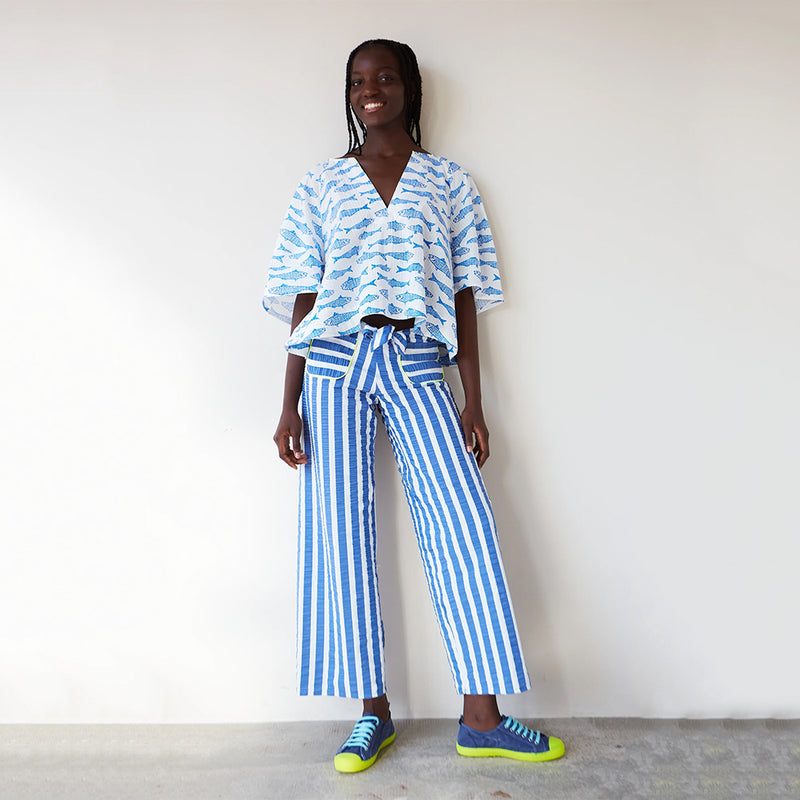 dr bloom blue wide leg trousers