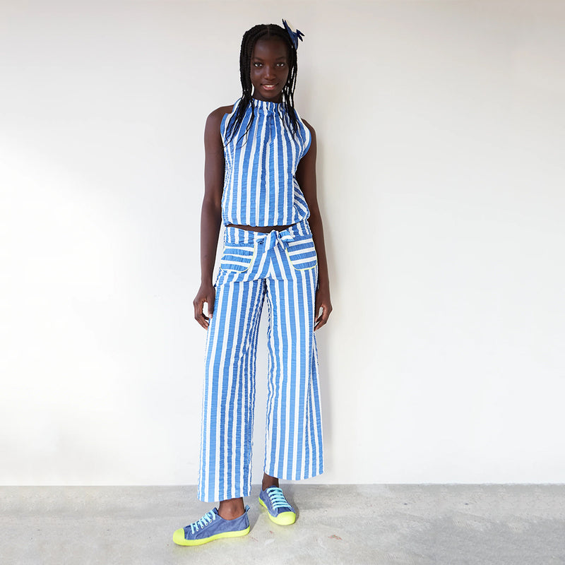 dr bloom blue wide leg trousers