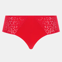 Red underwear with white speckled pattern on a light gray background