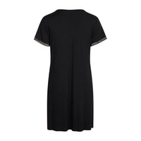 A black short-sleeve tunic dress with delicate lace trim at the sleeve cuffs, shown from the back on a plain white background.
