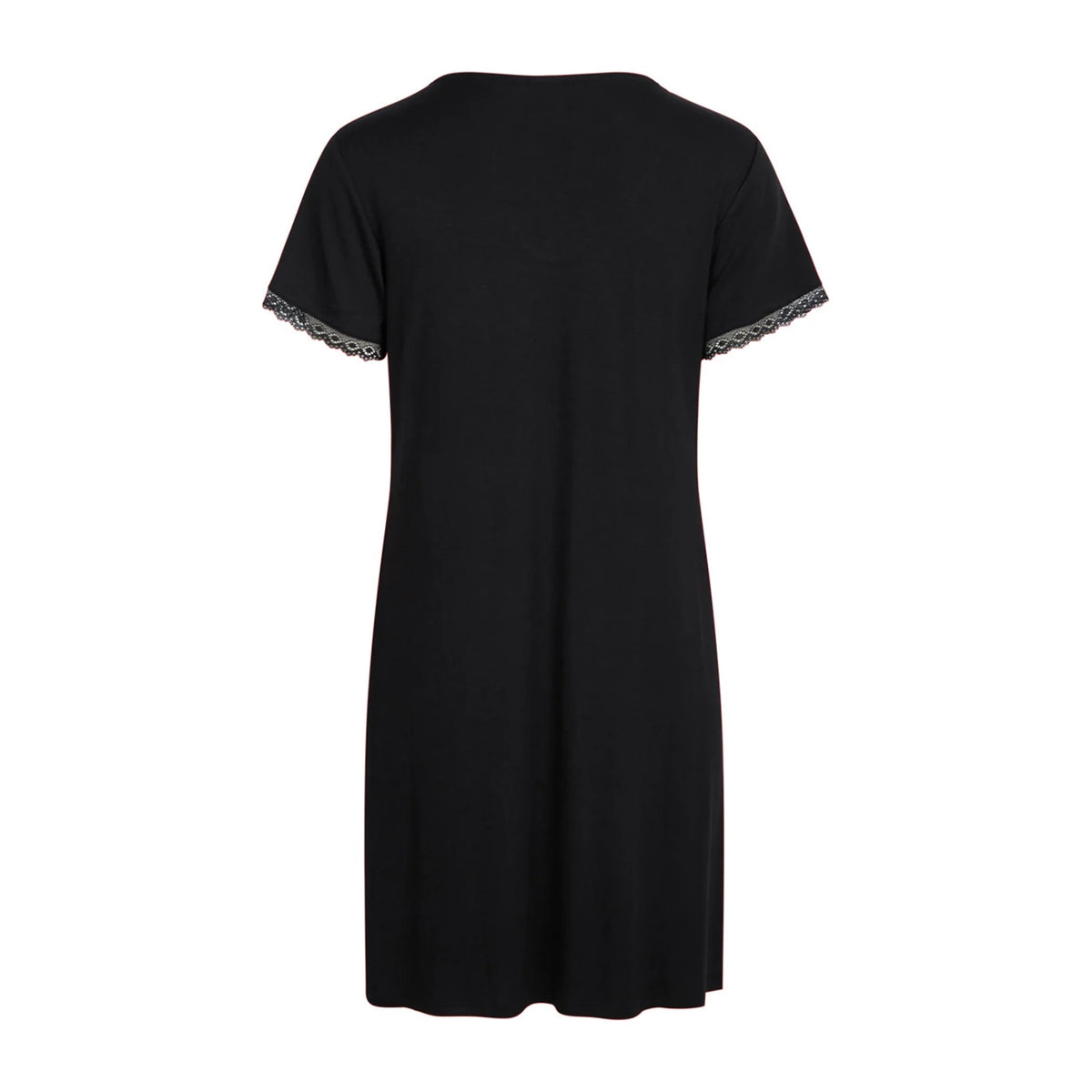 A black short-sleeve tunic dress with delicate lace trim at the sleeve cuffs, shown from the back on a plain white background.