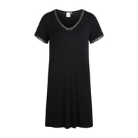 A black short-sleeve V-neck dress with delicate gray lace trim along the neckline and sleeve cuffs, displayed on a clean white background.