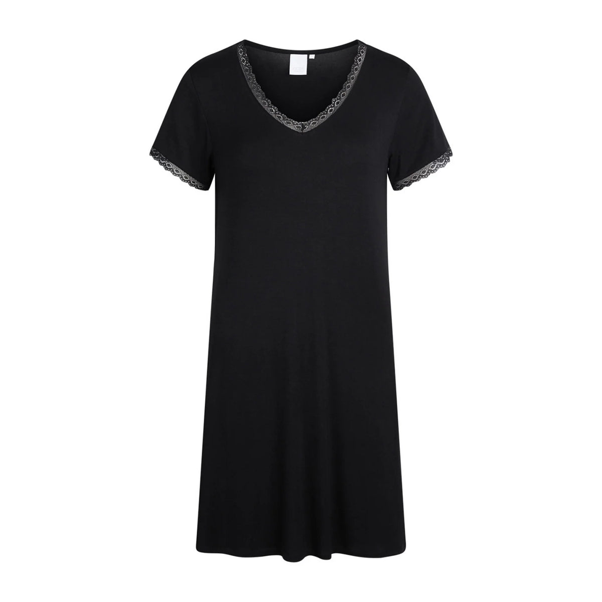 A black short-sleeve V-neck dress with delicate gray lace trim along the neckline and sleeve cuffs, displayed on a clean white background.