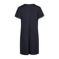 A dark navy blue short-sleeve nightgown or tunic dress with delicate lace trim along the sleeve cuffs, shown from the back on a plain white background.