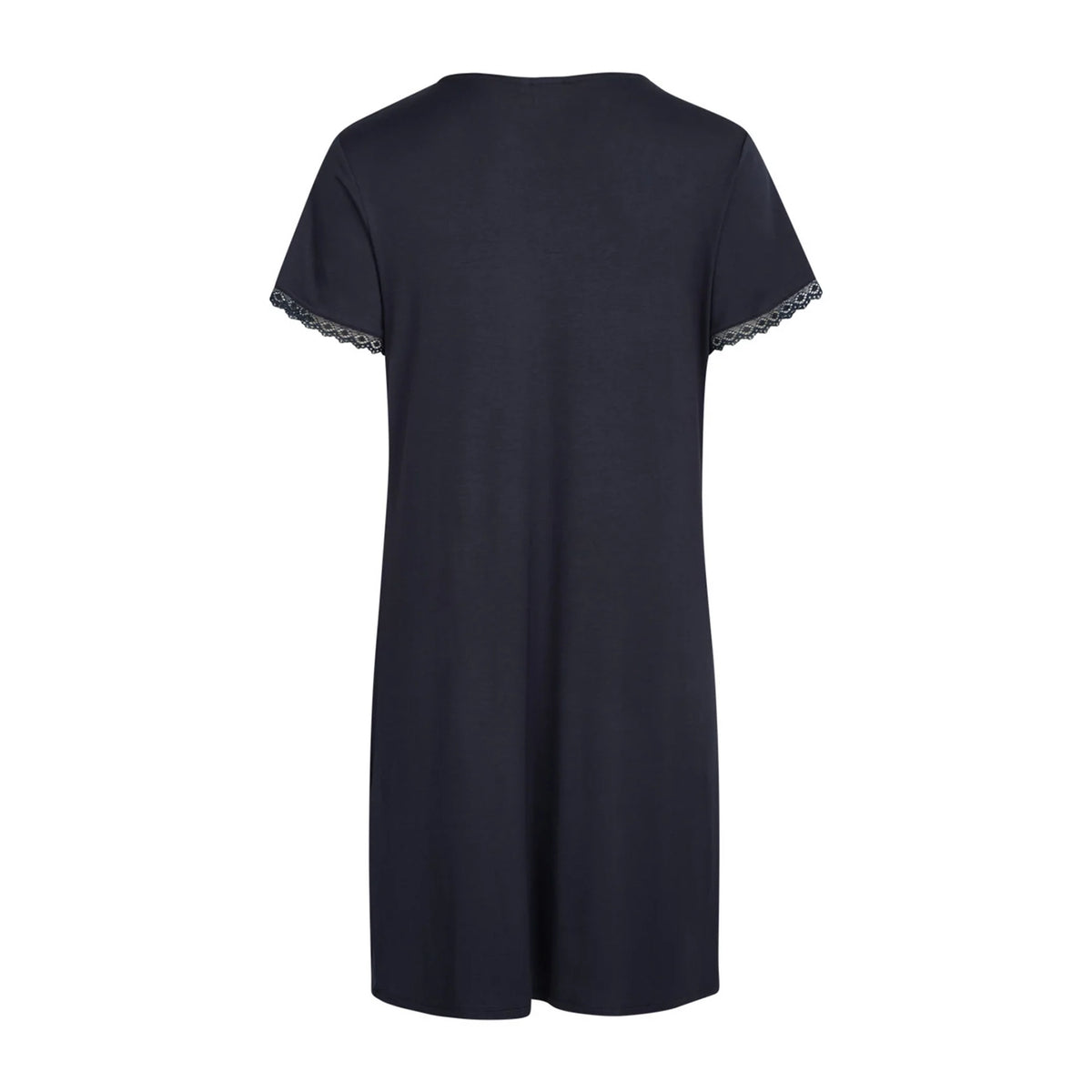 A dark navy blue short-sleeve nightgown or tunic dress with delicate lace trim along the sleeve cuffs, shown from the back on a plain white background.