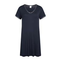 A short-sleeve V-neck nightgown in dark navy blue, featuring delicate black lace trim along the neckline and sleeve cuffs, shown against a plain white background.
