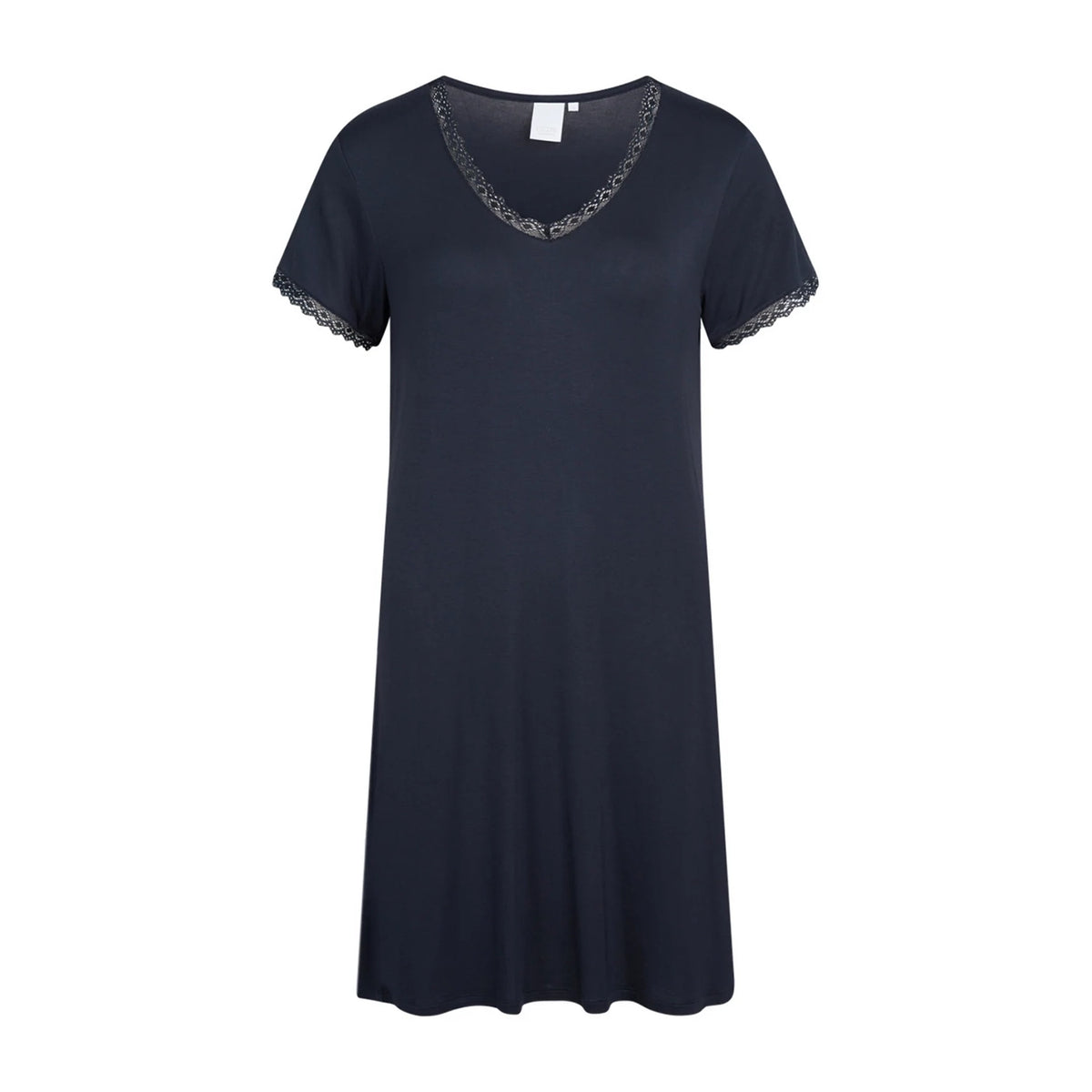A short-sleeve V-neck nightgown in dark navy blue, featuring delicate black lace trim along the neckline and sleeve cuffs, shown against a plain white background.