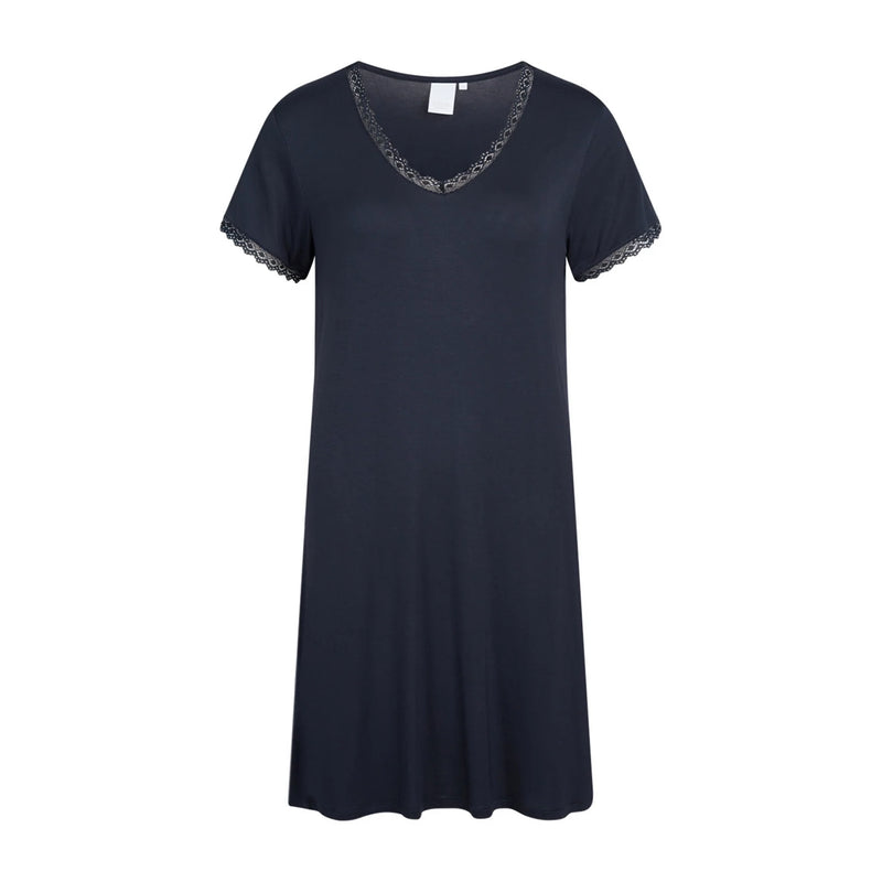 A short-sleeve V-neck nightgown in dark navy blue, featuring delicate black lace trim along the neckline and sleeve cuffs, shown against a plain white background.