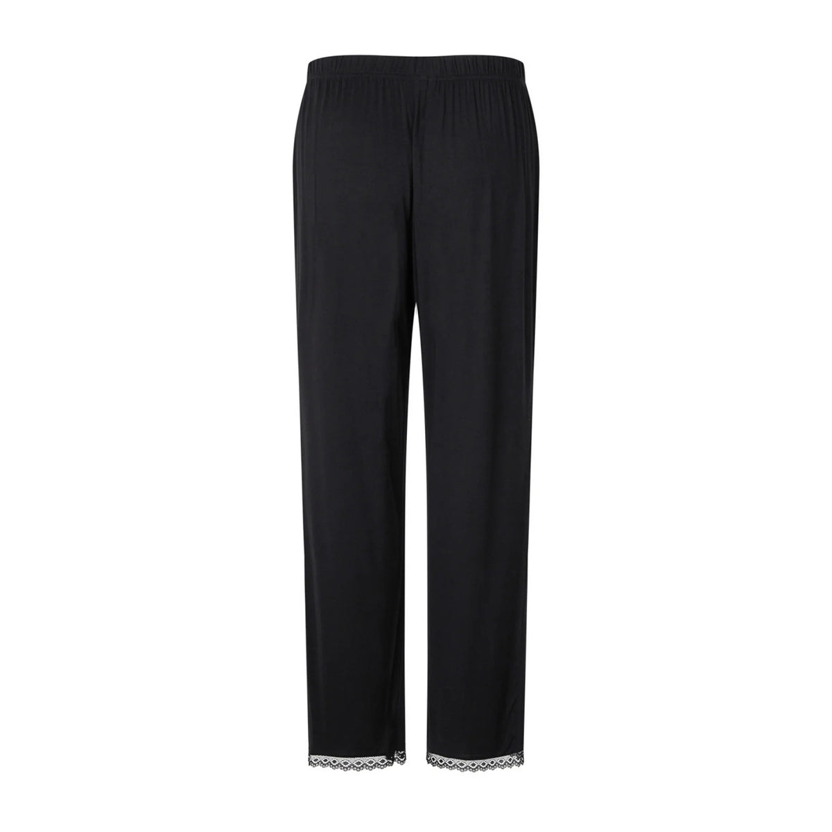 Black wide-leg cropped pants with a gathered elastic waistband and delicate lace trim at the hem, shown against a plain white background.