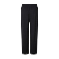 Black wide-leg cropped pants with a gathered elastic waistband and delicate lace trim at the hem, shown against a plain white background.