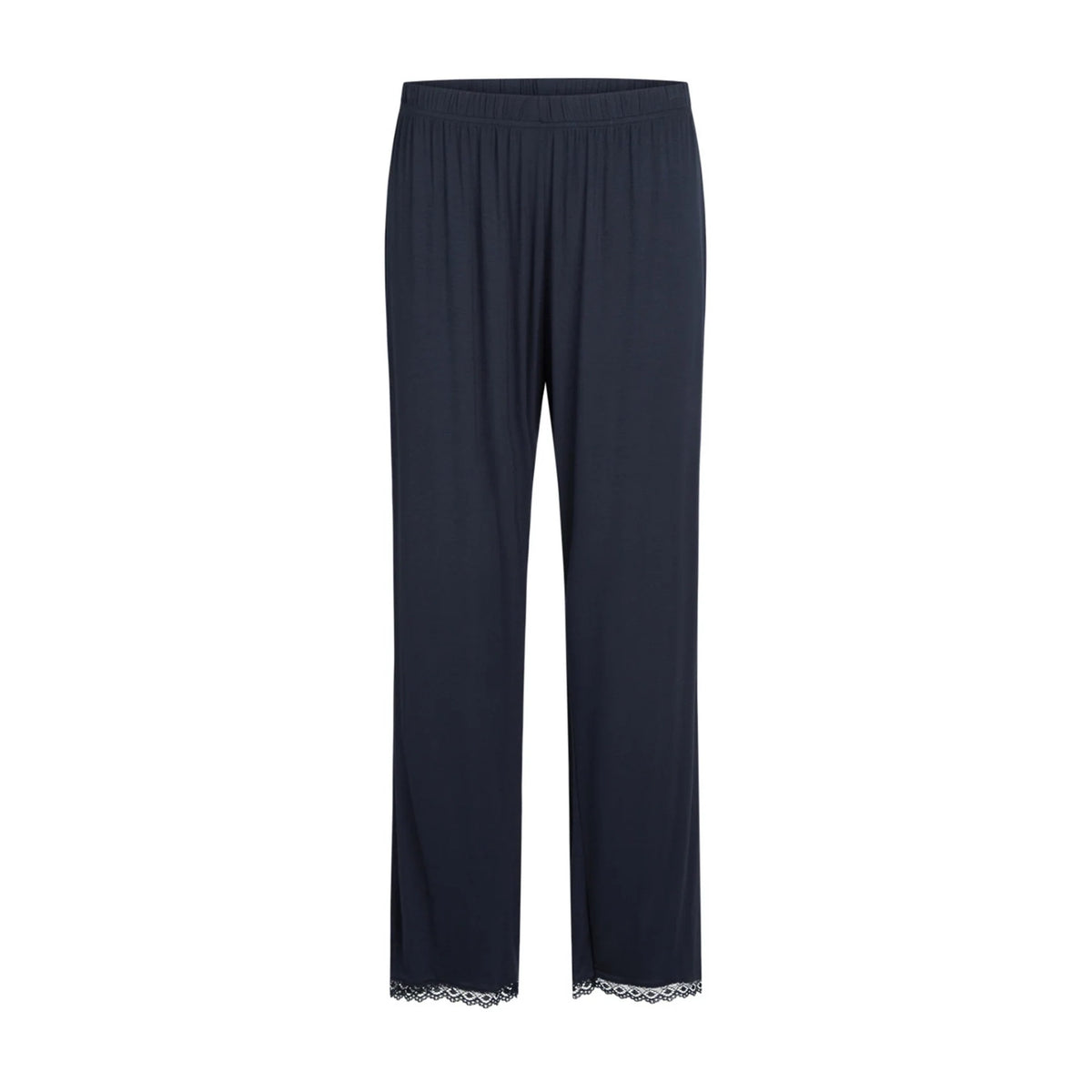 Navy blue wide-leg cropped pants with a gathered elastic waistband and delicate lace trim at the hem, shown against a plain white background.