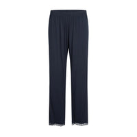 Navy blue wide-leg cropped pants with a gathered elastic waistband and delicate lace trim at the hem, shown against a plain white background.