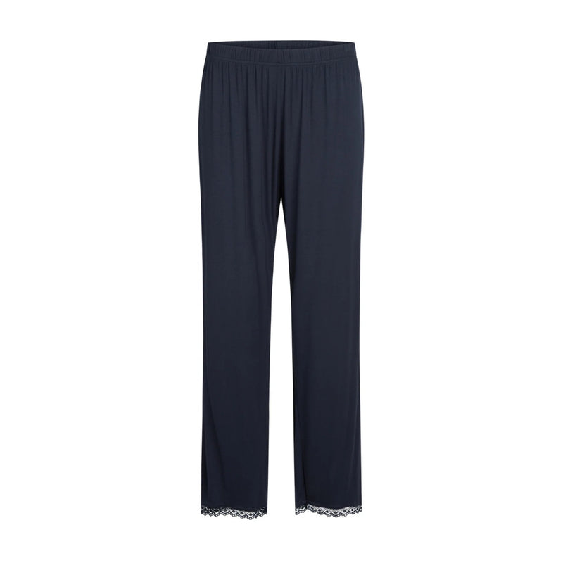 Navy blue wide-leg cropped pants with a gathered elastic waistband and delicate lace trim at the hem, shown against a plain white background.