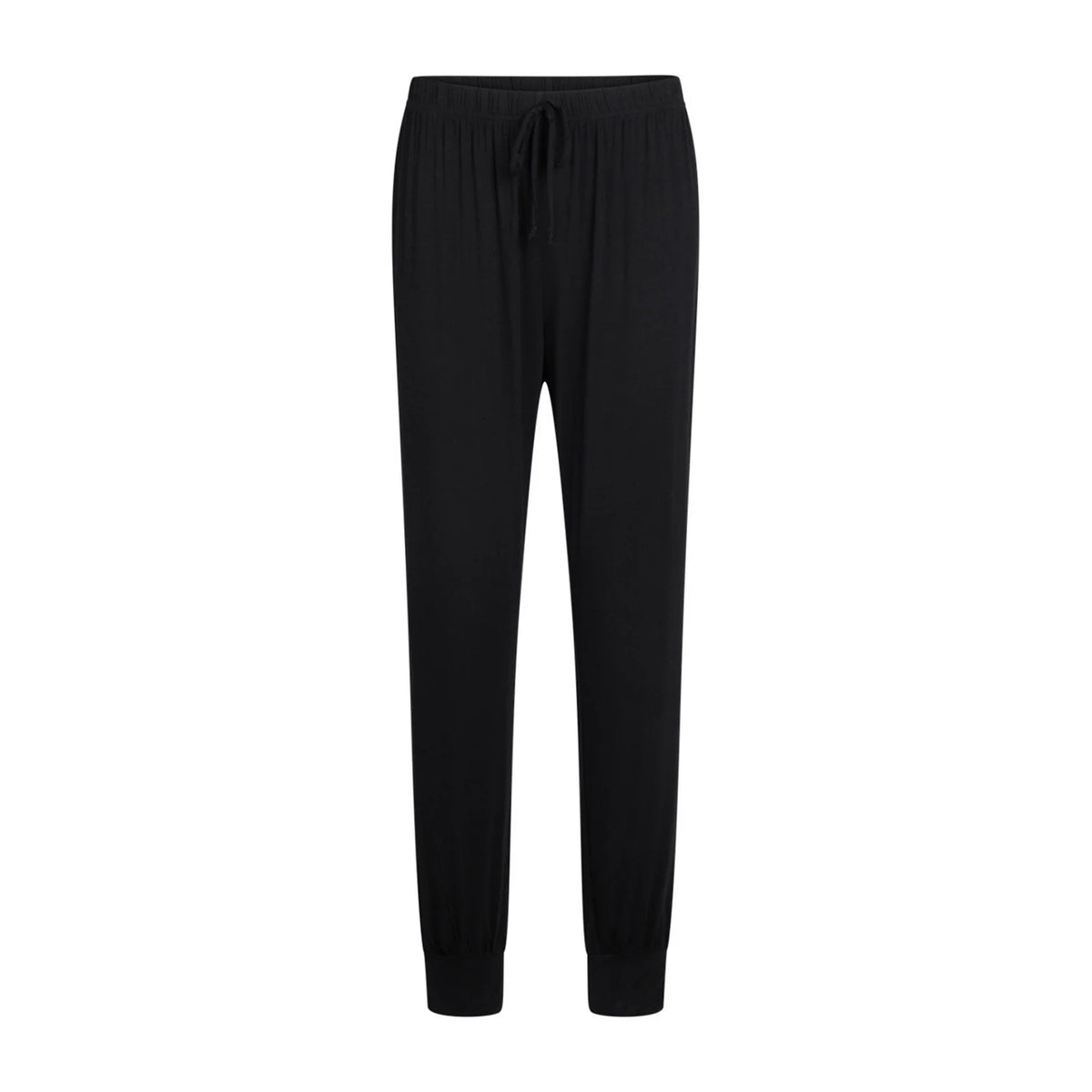 Black pyjama pants with an elastic waistband and drawstring, shown flat against a solid white background.