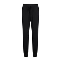 Black pyjama pants with an elastic waistband and drawstring, shown flat against a solid white background.