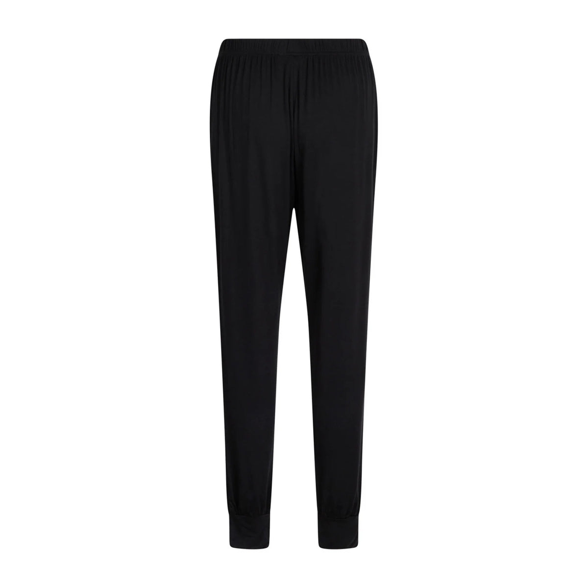 Black pyjama pants with an elastic waistband and drawstring, shown from behind, flat against a solid white background.