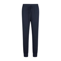 Dark blue pyjama pants with an elastic waistband and drawstring, shown flat against a solid white background.