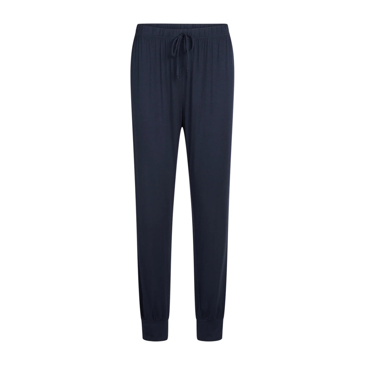 Dark blue pyjama pants with an elastic waistband and drawstring, shown flat against a solid white background.