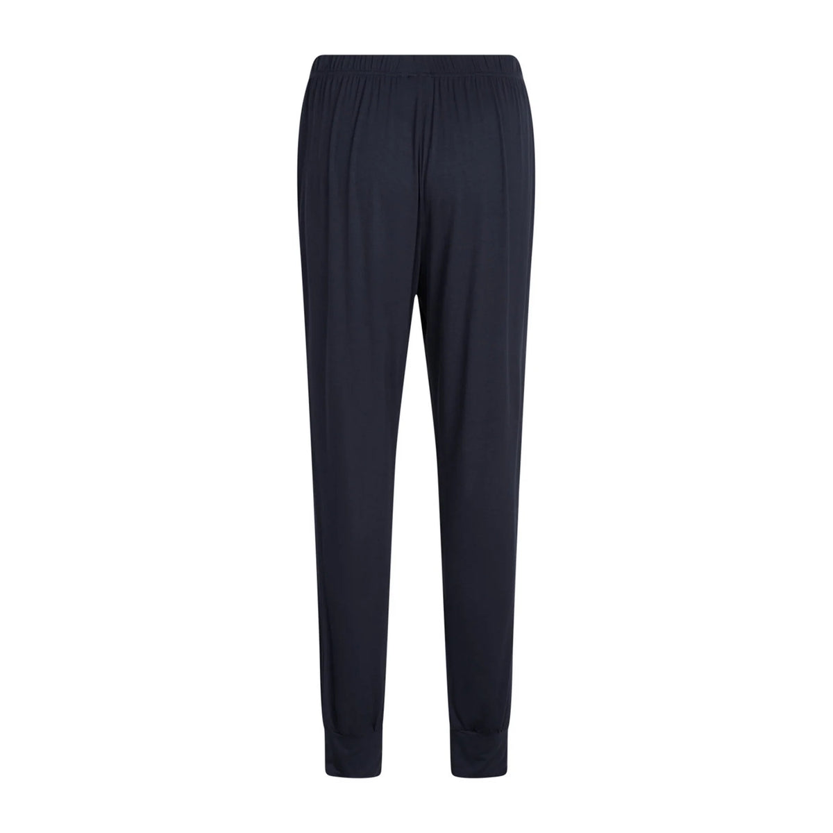 Dark blue pyjama pants with an elastic waistband and drawstring, shown from behind, flat against a solid white background.