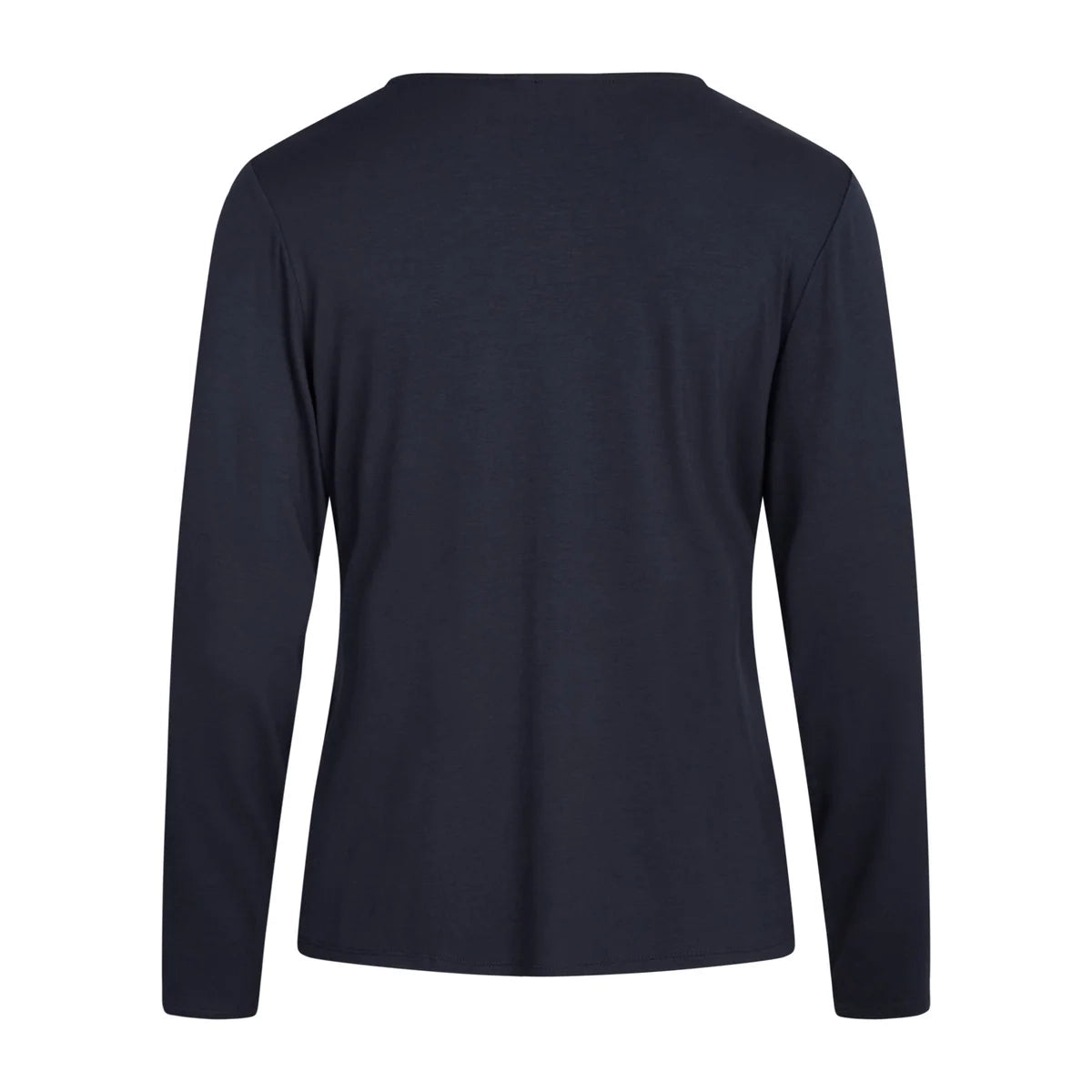 A dark navy blue long-sleeve top shown from the back, displayed on a clean white background.
