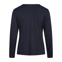 A dark navy blue long-sleeve top shown from the back, displayed on a clean white background.