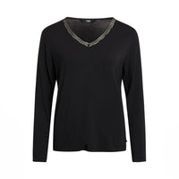 A black long-sleeve V-neck top with a lace trim along the neckline, displayed on a clean white background.