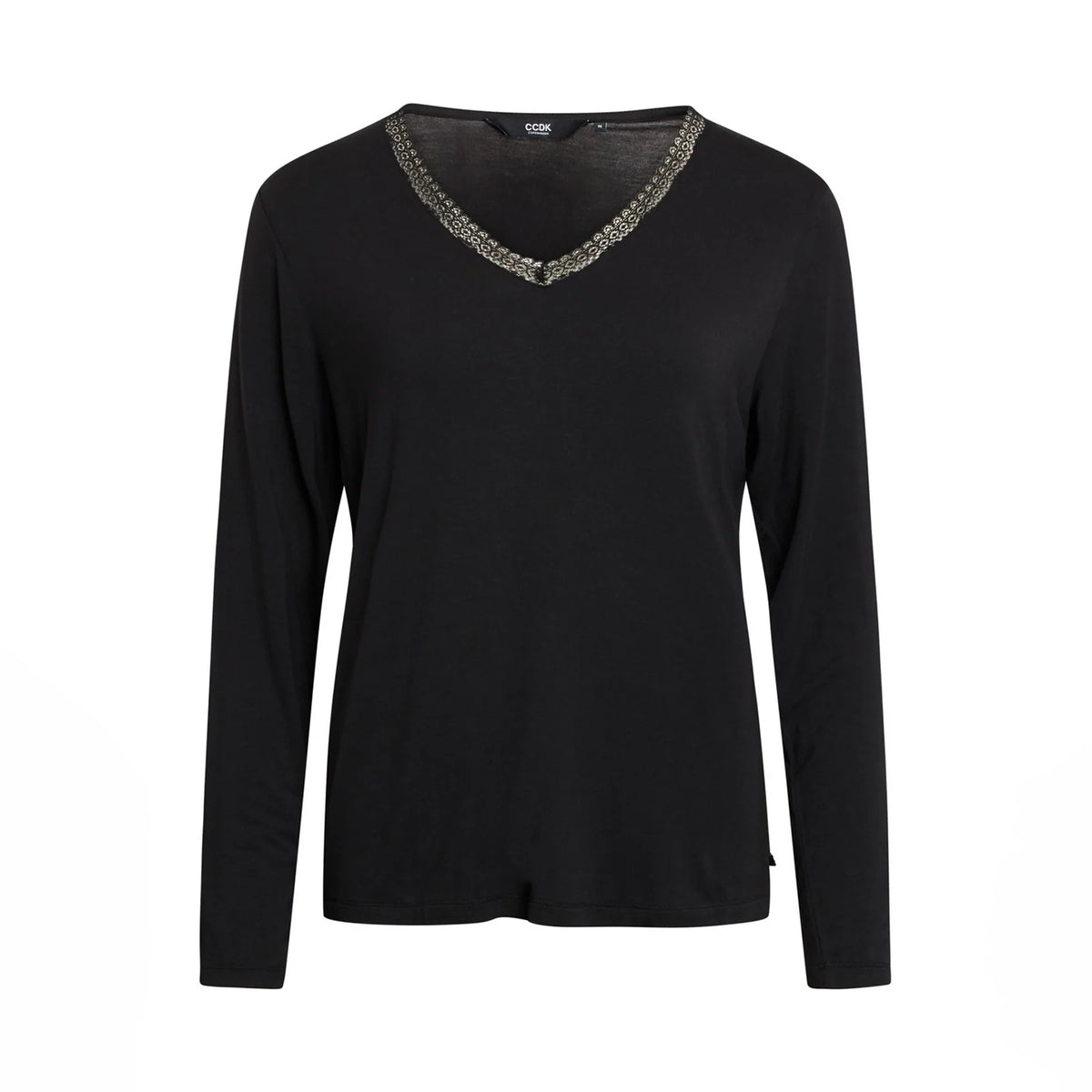 A black long-sleeve V-neck top with a lace trim along the neckline, displayed on a clean white background.