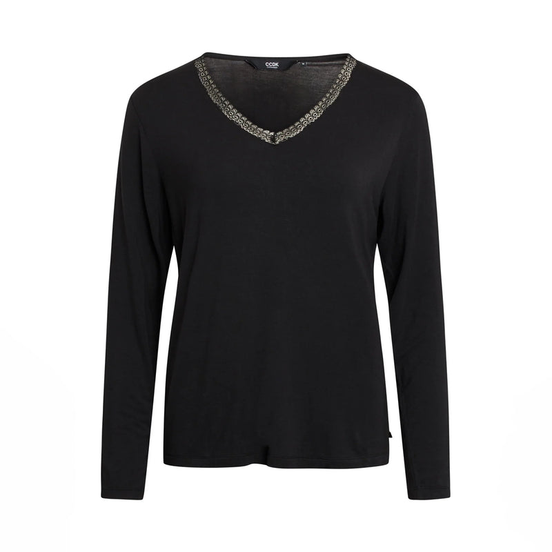 A black long-sleeve V-neck top with a lace trim along the neckline, displayed on a clean white background.