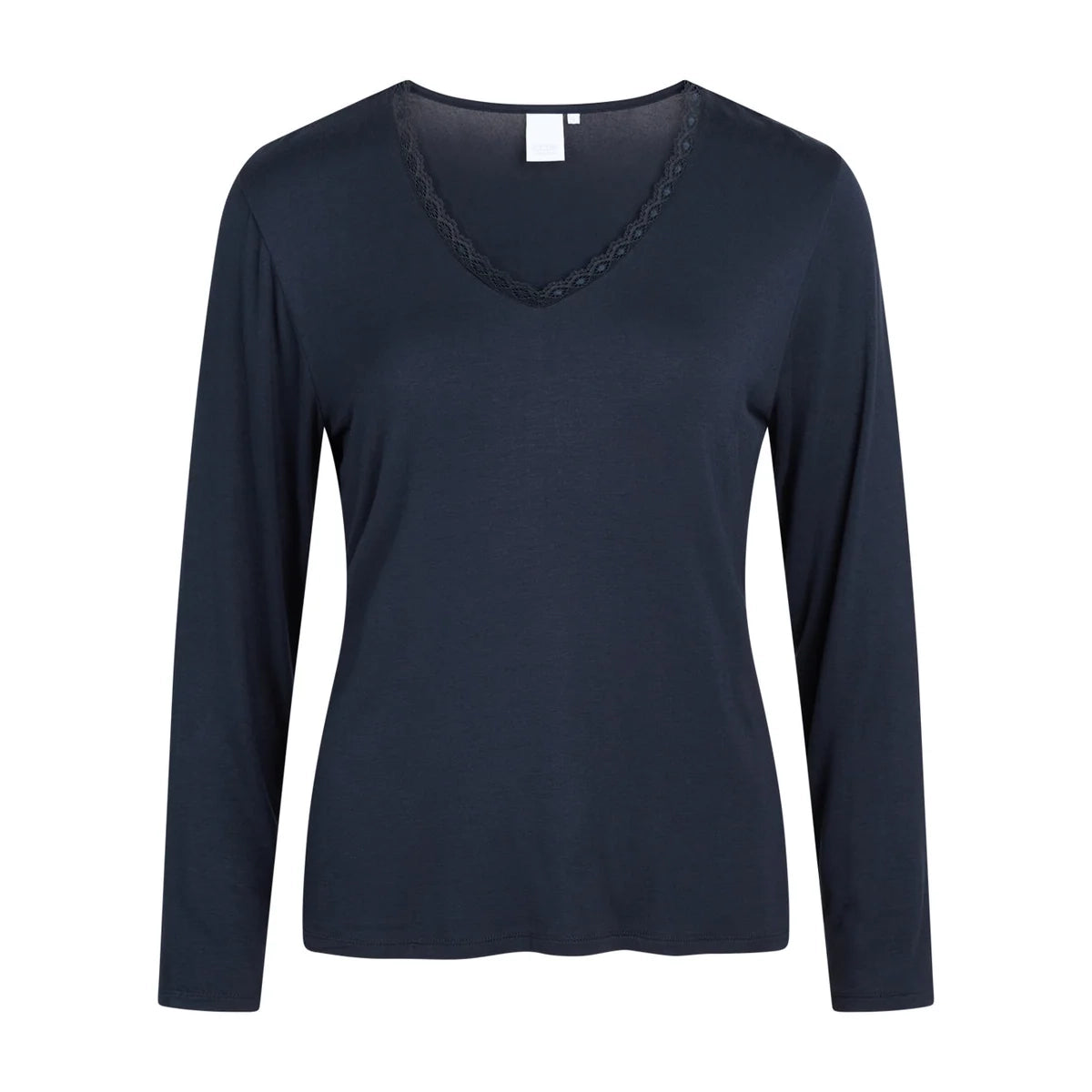 A women's long-sleeve V-neck top in dark navy blue, featuring a delicate lace trim along the neckline, shown against a plain white background.
