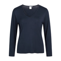 A women's long-sleeve V-neck top in dark navy blue, featuring a delicate lace trim along the neckline, shown against a plain white background.