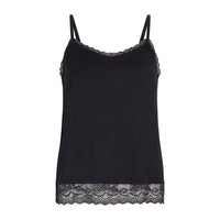 A black camisole tank top with delicate black lace trim along the scoop neckline, armholes, and hem, displayed against a solid white background.