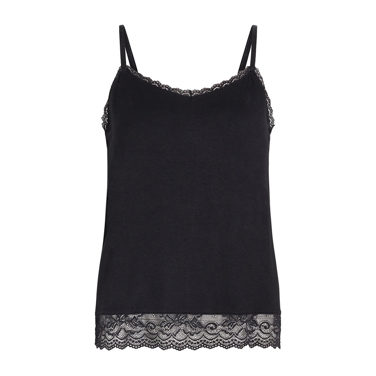 A black camisole tank top with delicate black lace trim along the scoop neckline, armholes, and hem, displayed against a solid white background.