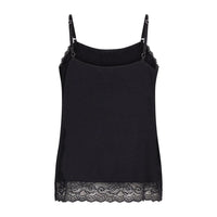 A black camisole tank top with thin shoulder straps, delicate lace trim at the neckline and hem, and small silver-toned metal clips at the strap attachments, shown against a plain white background.