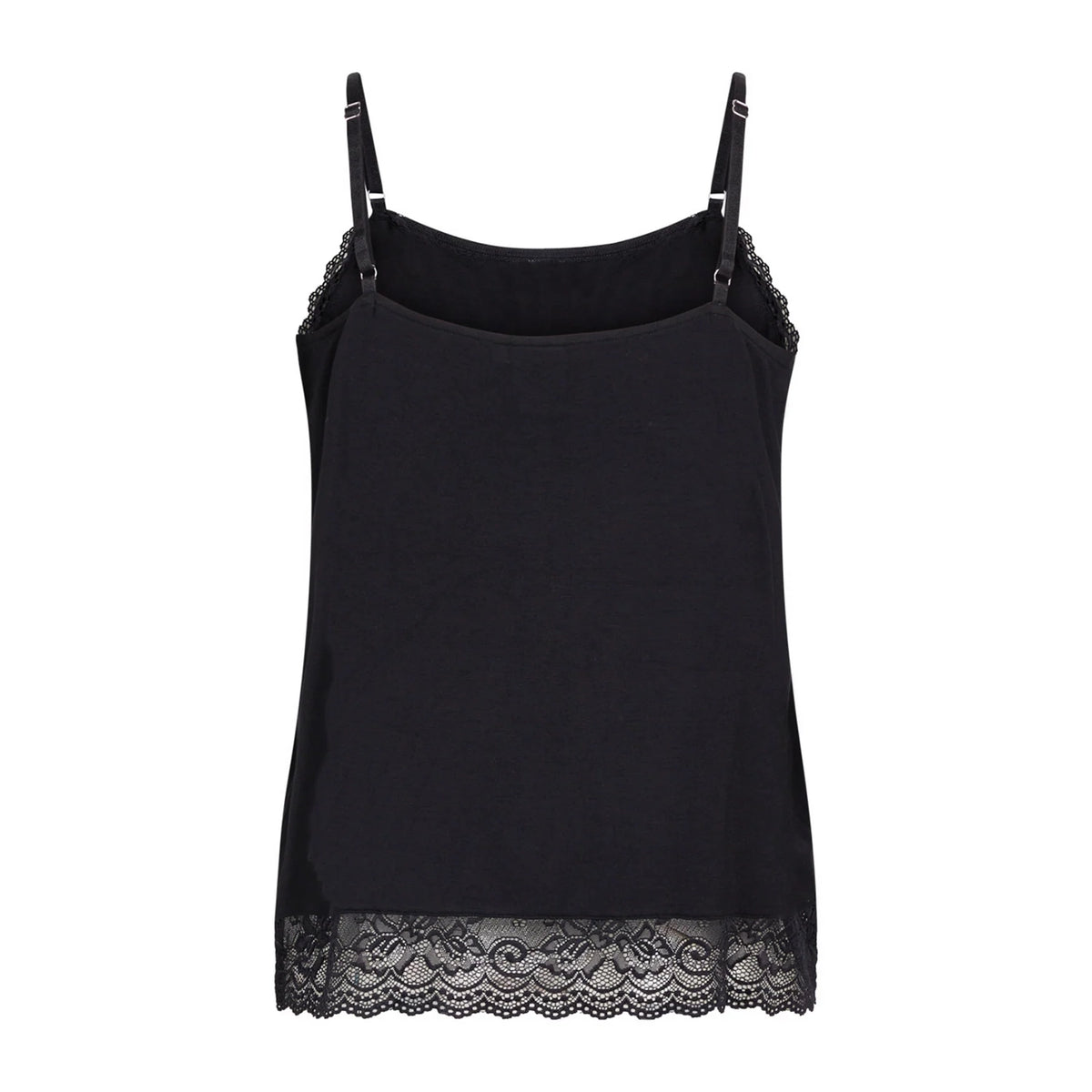 A black camisole tank top with thin shoulder straps, delicate lace trim at the neckline and hem, and small silver-toned metal clips at the strap attachments, shown against a plain white background.